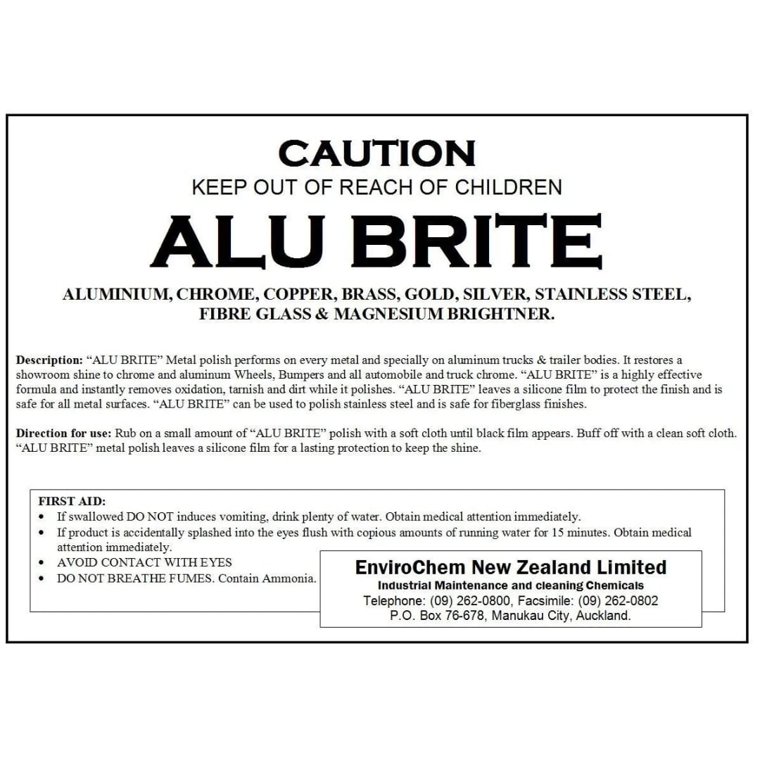 Alu Brite product label with safety instructions and contact information.
