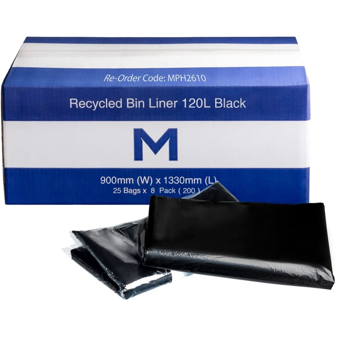 Recycled Bin Liner/Rubbish Bags 120L - Black, 900mm x 1330mm x 30mu - 200 Bags/Box