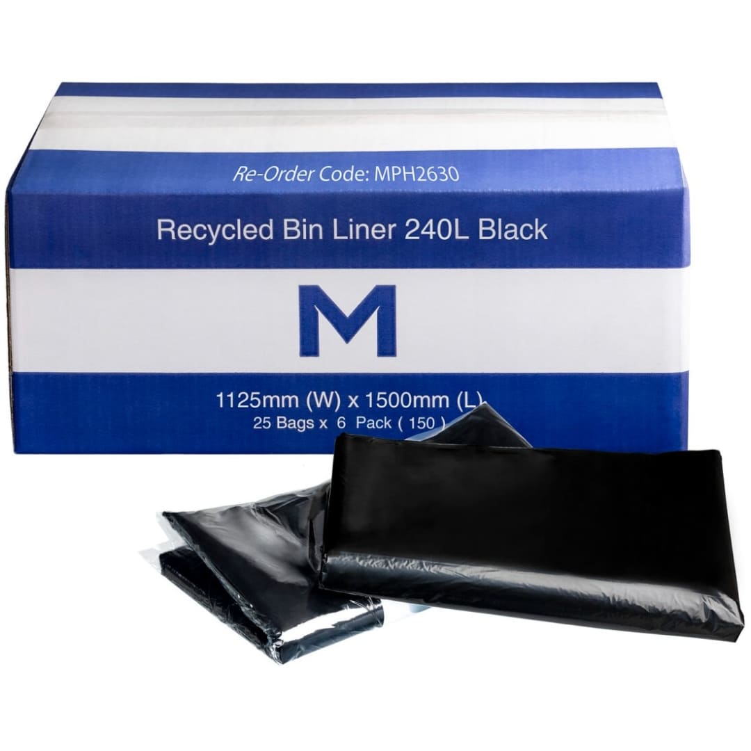 Recycled Bin Liner/Rubbish Bags 240L - Black, 1125mm x 1500mm x 30mu - 150 Bags/Box
