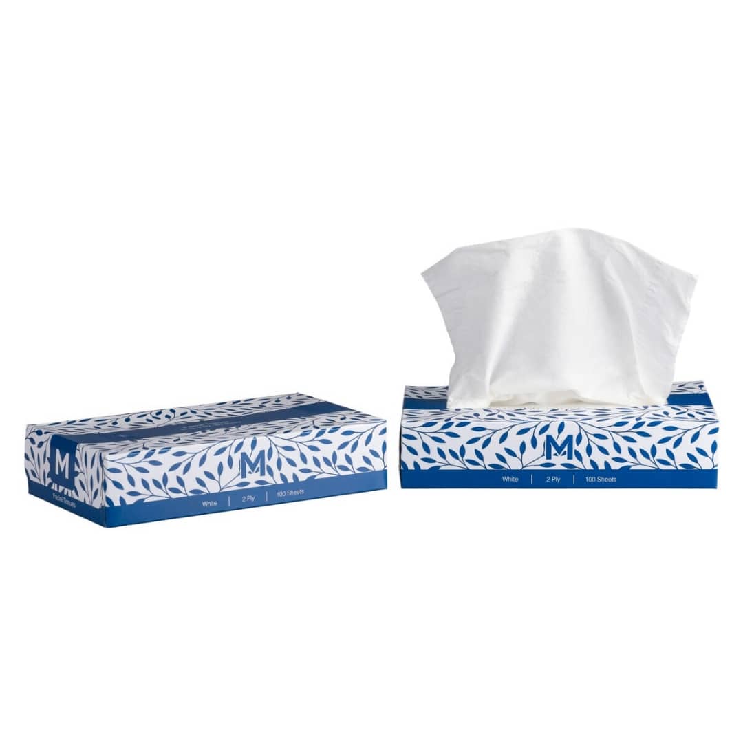 Flat Facial Tissues - White, 2 Ply, 100 Sheets, FSC® Mix - 48 Packs/Box