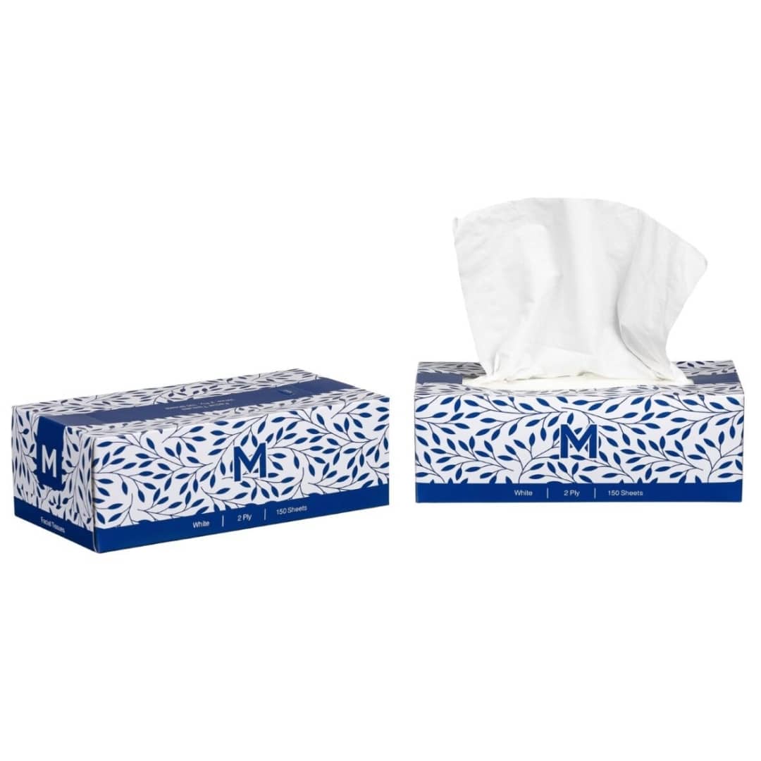 Flat Facial Tissues - White, 2 Ply, 150 Sheets, FSC® Mix - 30 Packs/Box