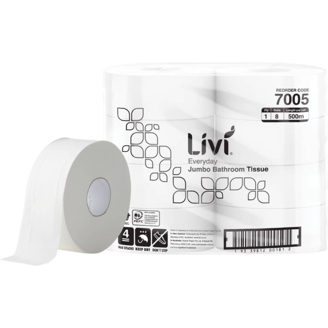 Livi Basic 7005 Jumbo Toilet Tissue 1 ply 500 metres per roll White - Carton of 8 Rolls