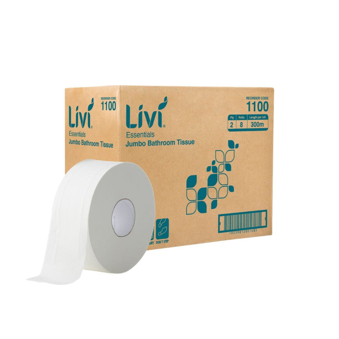 Livi Essentials 1100 Jumbo Roll Toilet Tissue 2 Ply 300 metres per roll White - Carton of 8 Rolls