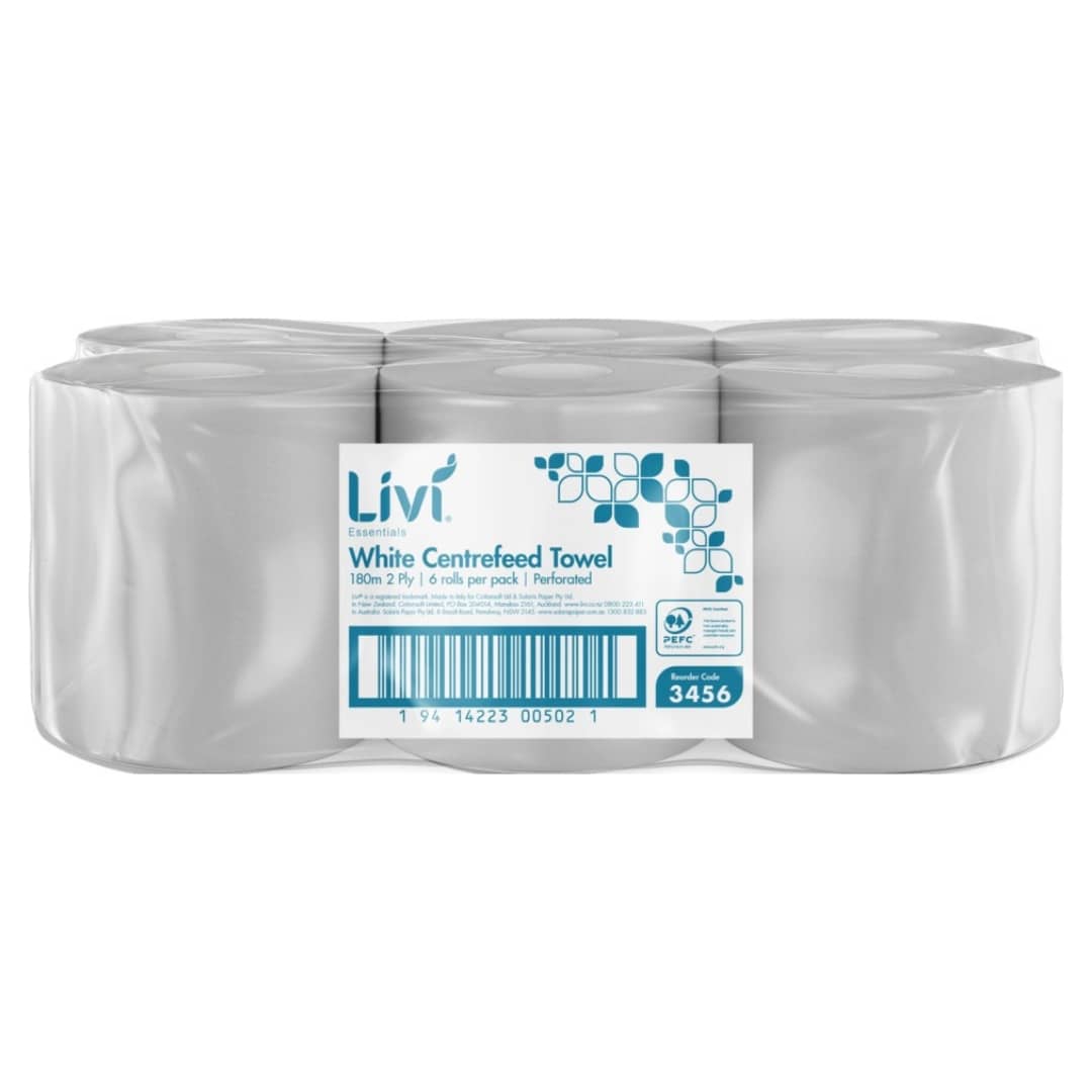 Livi Essentials 3456 Centrefeed Towel 2 Ply 180 metres per roll White - Carton 6 Rolls