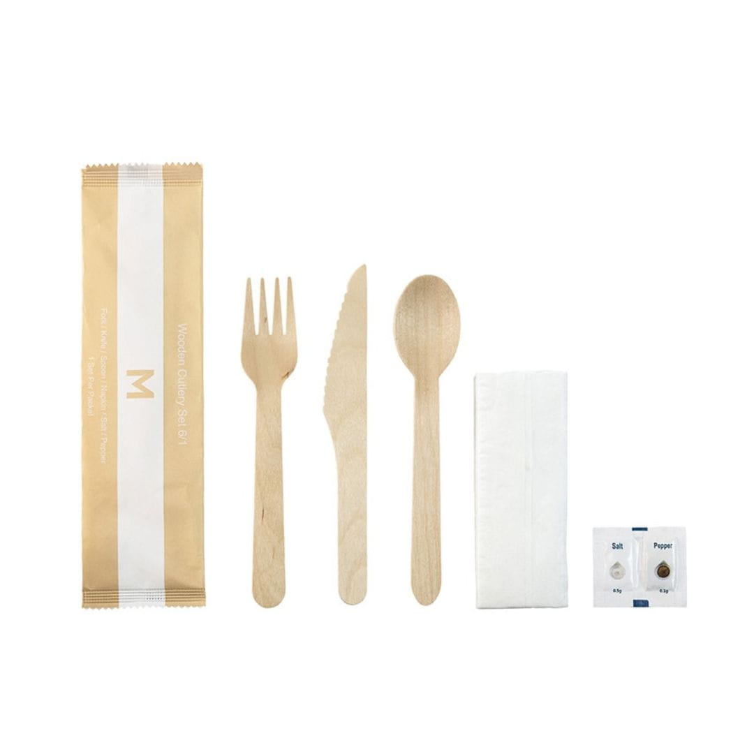 Natural wooden cutlery set fork knife spoon napkin salt pepper FSC 100% 400 sets