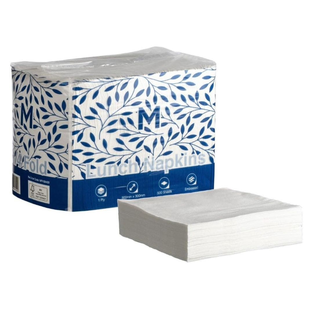 White embossed lunch napkins 300x300mm 1 ply FSC Mix 1/4 fold