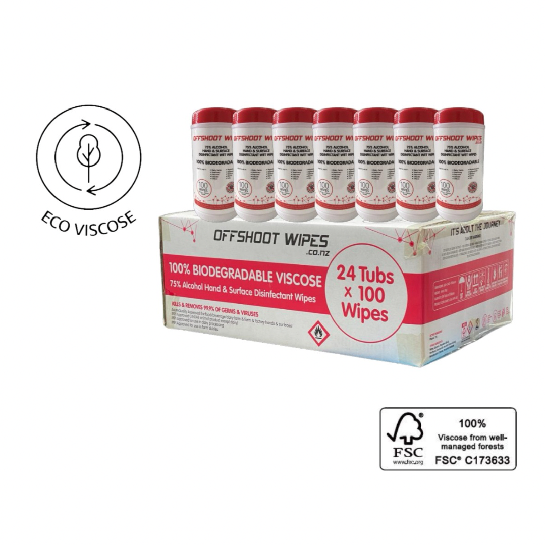 Offshoot 75 Alcohol Wet Wipes 100 Biodegradable Wipes TUBS 100 Wipes per Tub - Carton of 24 Tubs