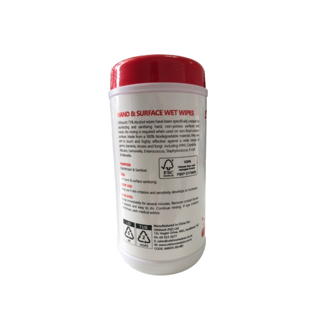Offshoot 75 Alcohol Wet Wipes 100 Biodegradable Wipes TUBS 100 Wipes per Tub - Carton of 24 Tubs back
