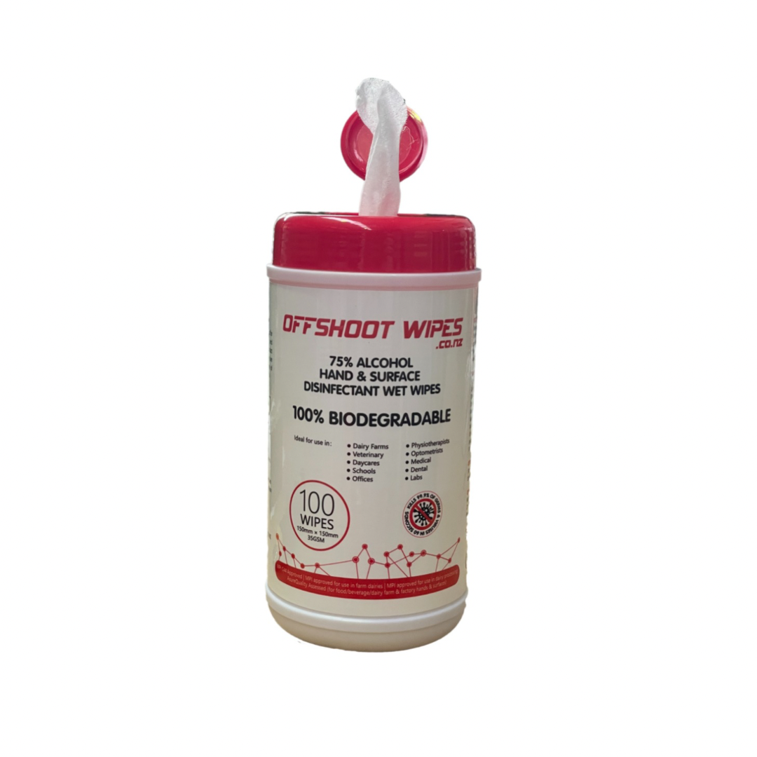 Offshoo 75 Alcohol Wet Wipes 100 Biodegradable Wipes TUBS 100 Wipes per Tub - Carton of 24 Tubs open