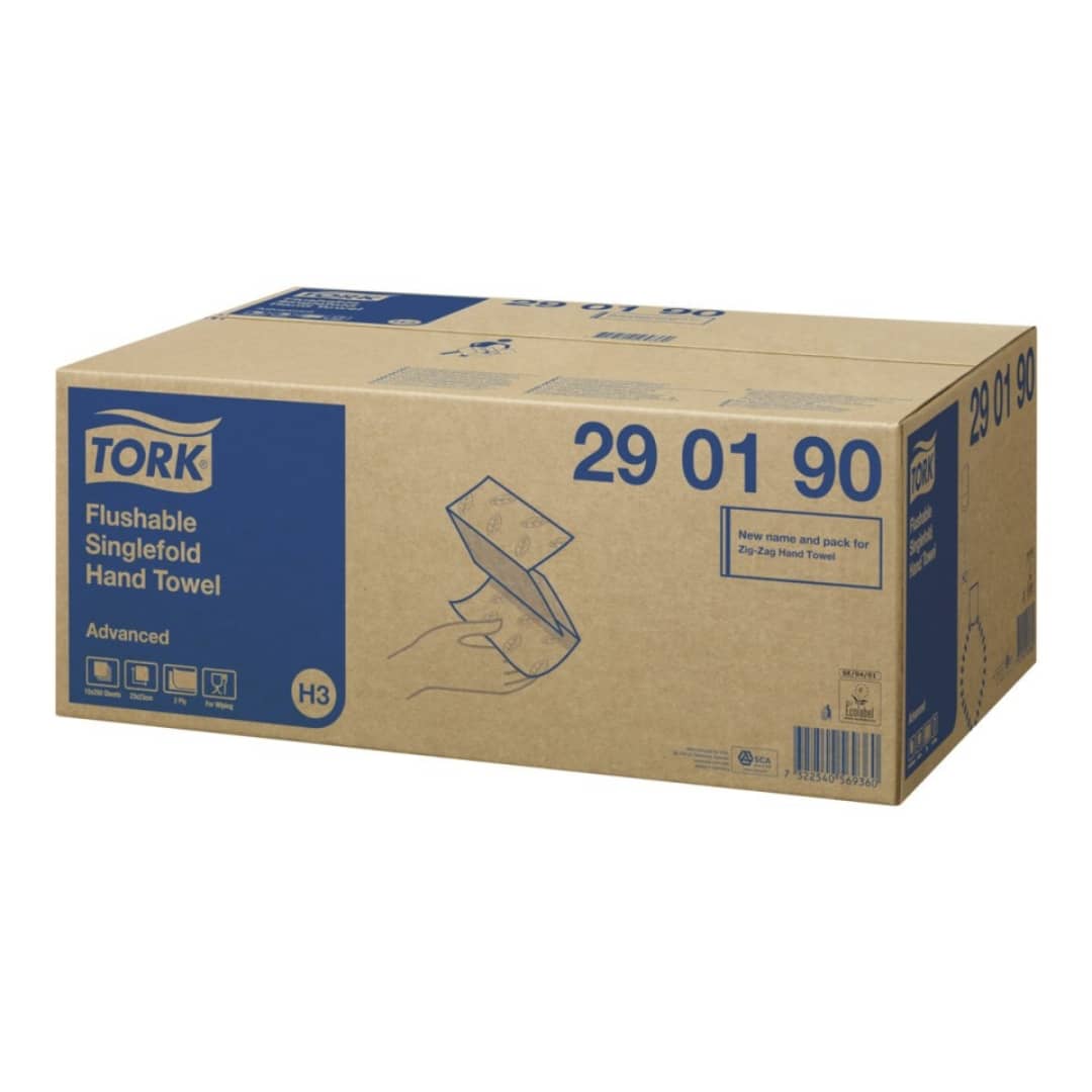 Tork Hand Towel Flushable Singlefold Advanced 2 Ply 290190 H3 250 Sheets White - Carton of 15 Packs