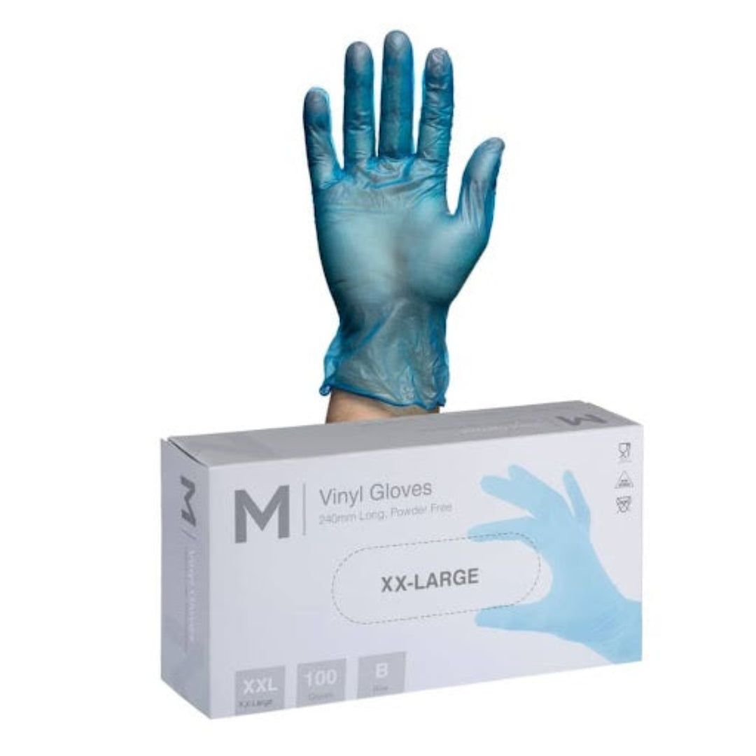 Vinyl Gloves Powder Free - Blue, XX Large 240mm Cuff, 5.0g - 100 Gloves/Box
