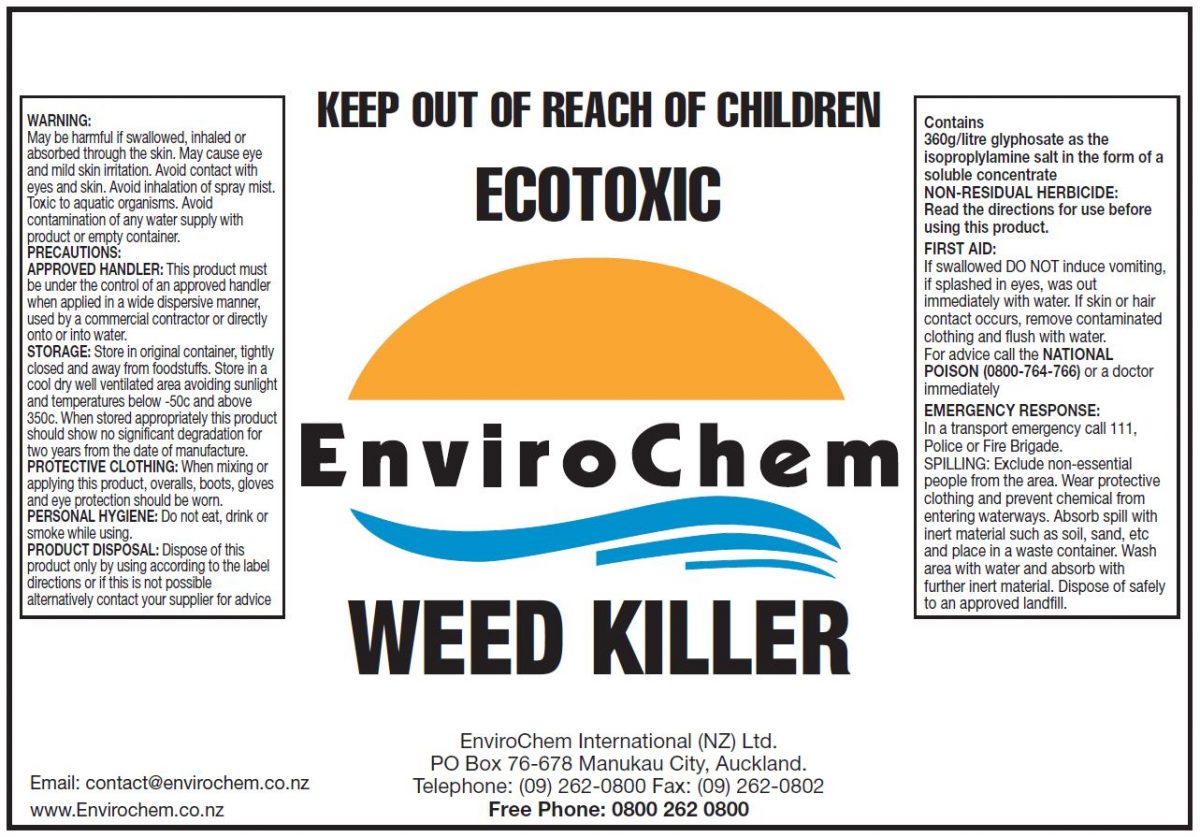 Herbicide label with large text reading ECOTOXIC and EnviroChem, orange and blue arc above, and WEED KILLER below