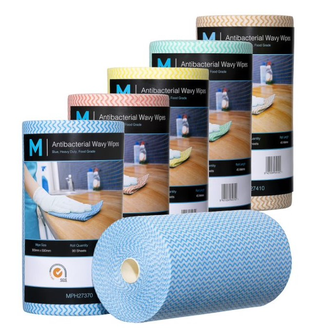 Antibacterial Wavy Wipes - 300mm x 500mm, 90 Sheets, 80gsm - 4 Rolls/Box