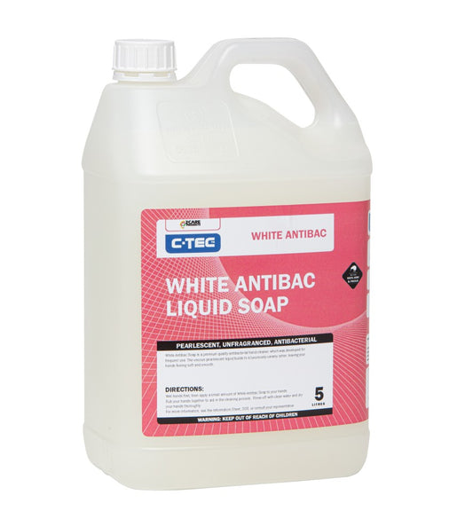 C-TEC White Antibacterial Hand Liquid Soap 5L provides effective hand cleansing for regular hygiene and care.