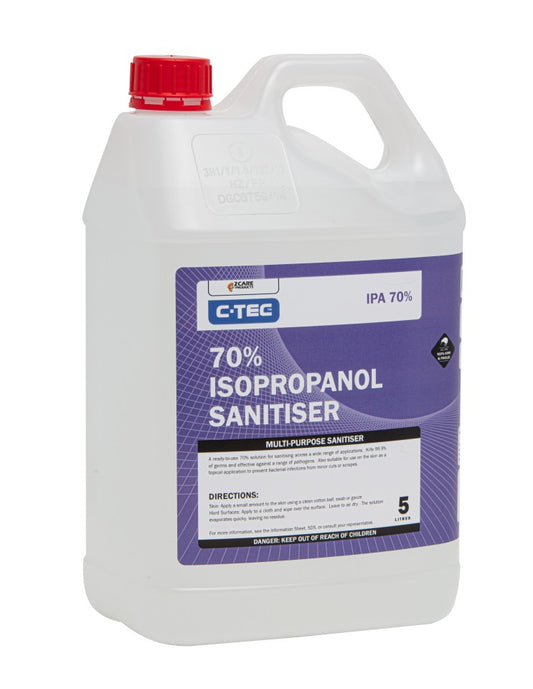 C-Tec 70% IPA sanitiser in a 5L pack, suitable for effective hygiene and surface sanitising needs.