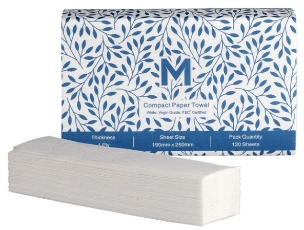 Compact Paper Towel - White, 1 Ply, 200mm x 250mm, FSC® Mix - 2400 Sheets/Box