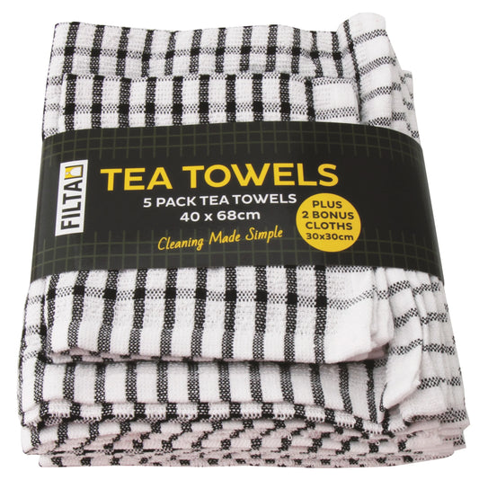 FILTA COTTON TEA TOWELS X 5 (40CM X 68CM) + 2 DISH CLOTHS (30CM X 30CM) BLACK - 7 PACK