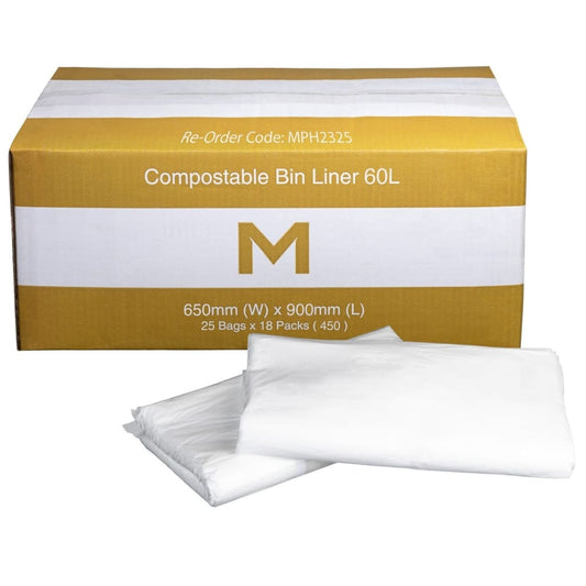 FP Compostable Bin Liner 60L - White, 650mm x 900mm x 30mu - 450 Bags/Box