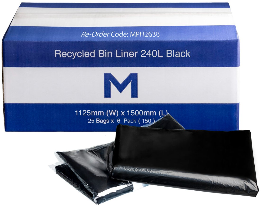 Recycled Bin Liner/Rubbish Bags 240L - Black, 1125mm x 1500mm x 30mu - 25 Bags/Pack