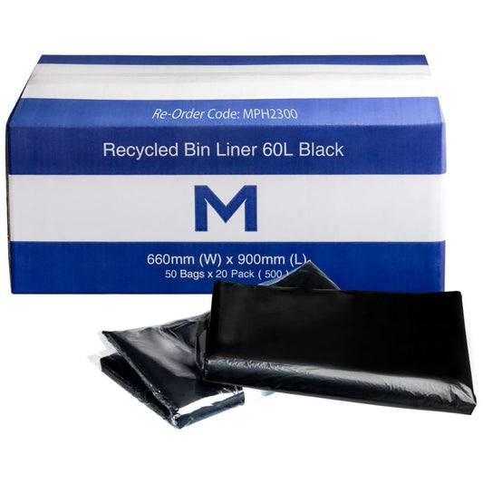 Recycled Bin Liner/Rubbish Bags 60L - Black, 660mm x 900mm x 20mu - 50 Bags/Pack
