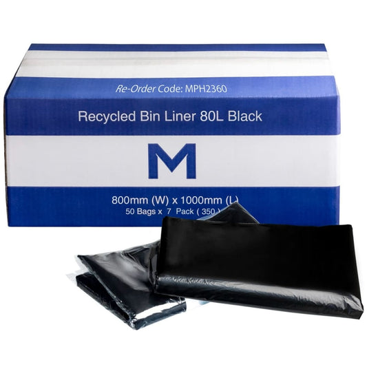 Recycled Bin Liner/Rubbish Bags 80L - Black, 800mm x 1000mm x 30mu - 50Bags/Pack