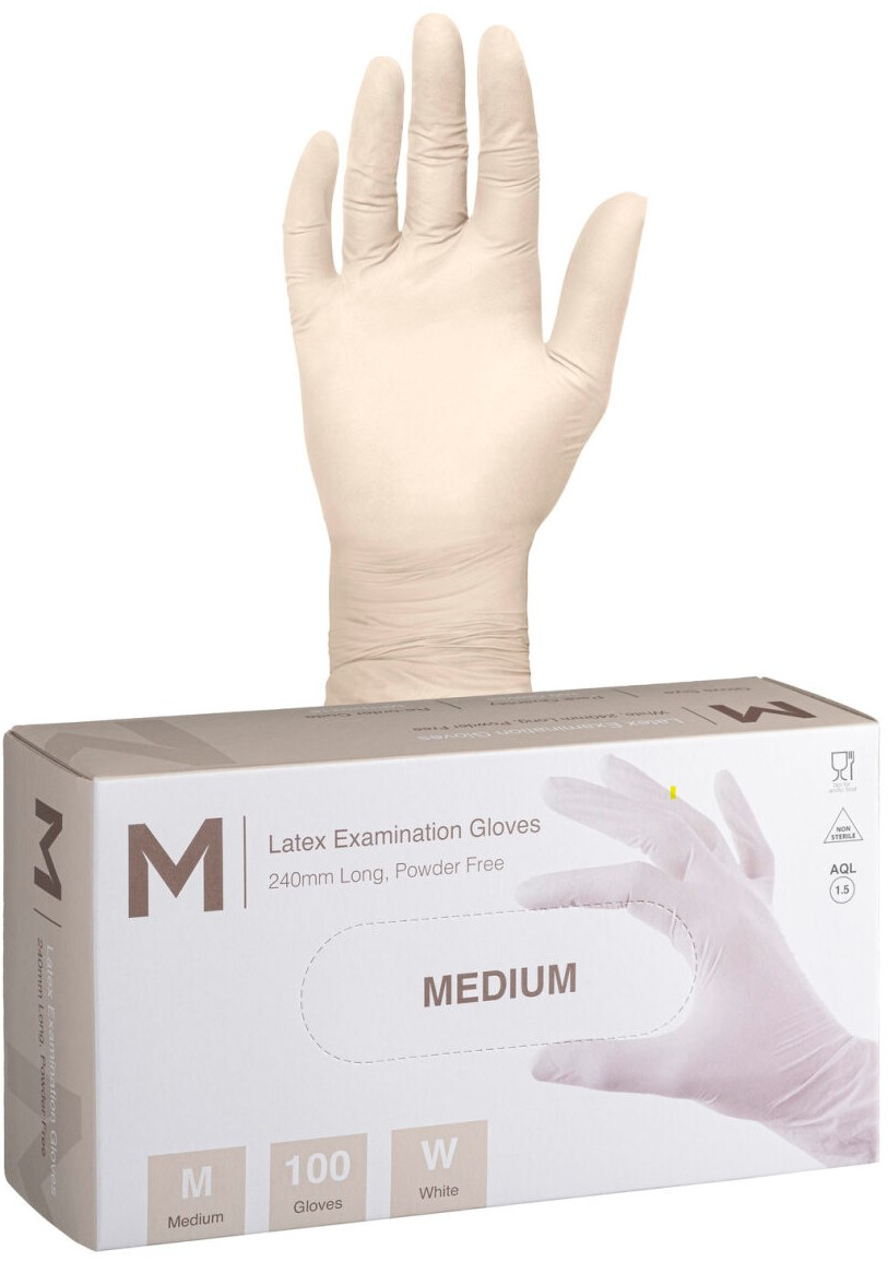 Latex Examination Gloves Powder Free - White, 240mm Cuff, 6.0g - 100 Gloves/Box