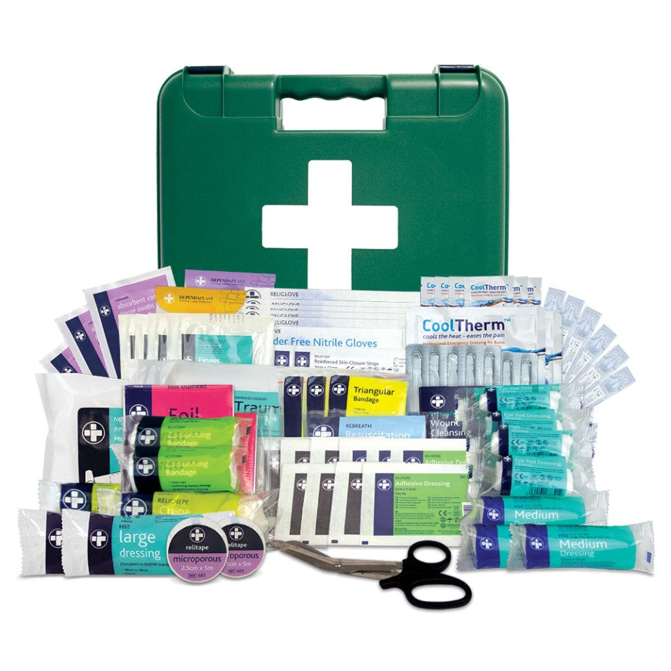 Large workplace first aid kit with various medical supplies on a white background