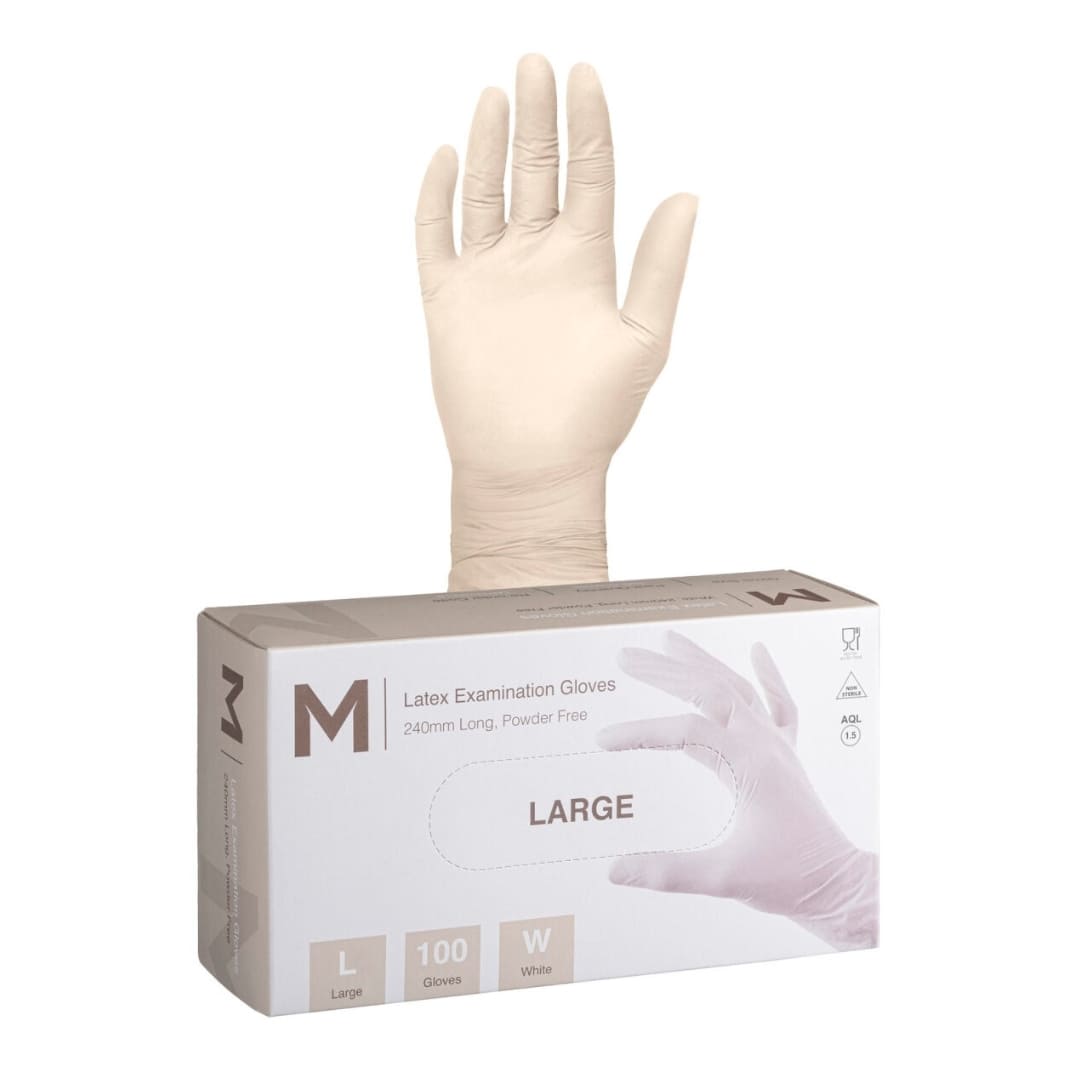 Latex Examination Gloves Powder Free - White, Large 240mm Cuff, 6.0g - 100 Gloves/Box
