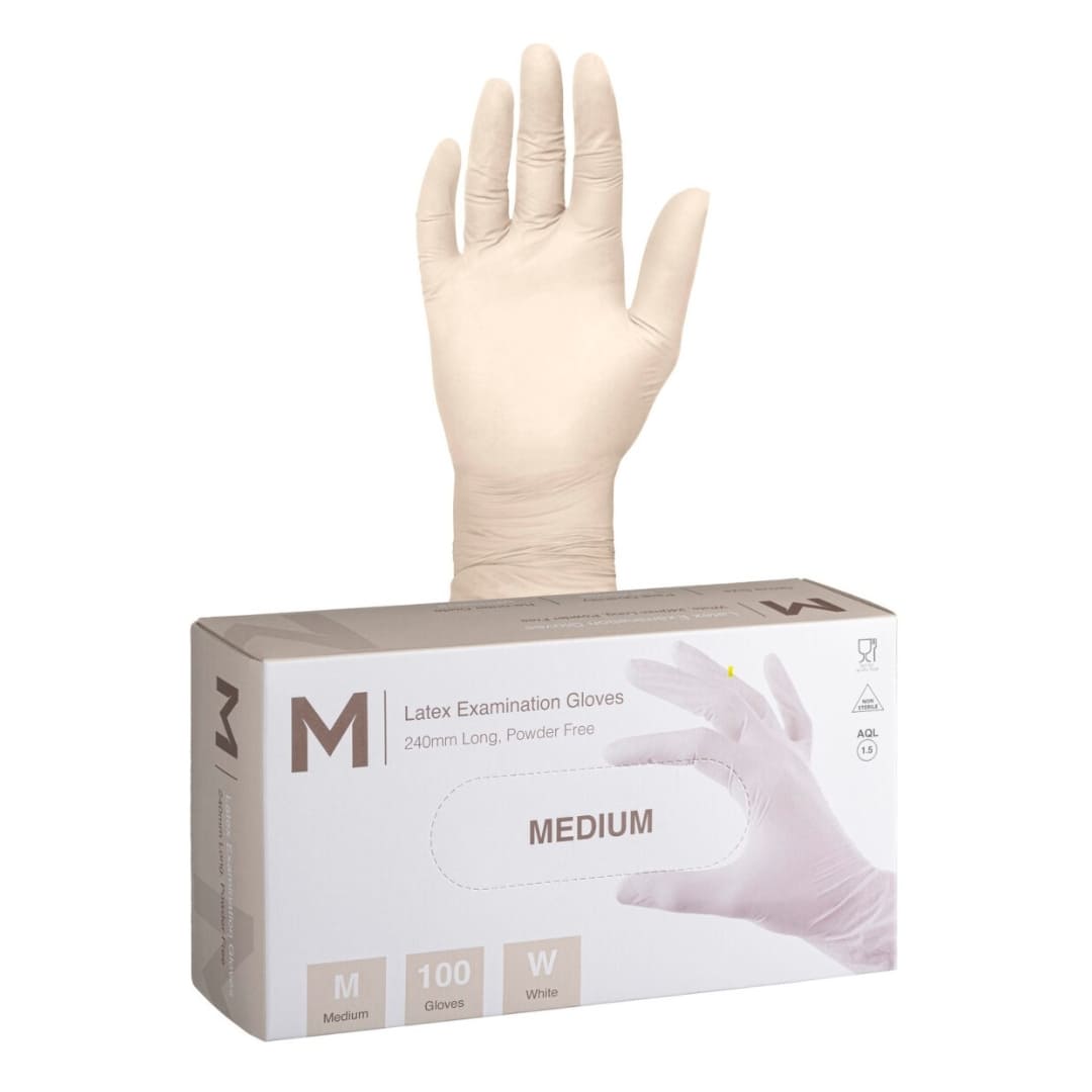 Latex Examination Gloves Powder Free - White, Medium 240mm Cuff, 6.0g - 100 Gloves/Box