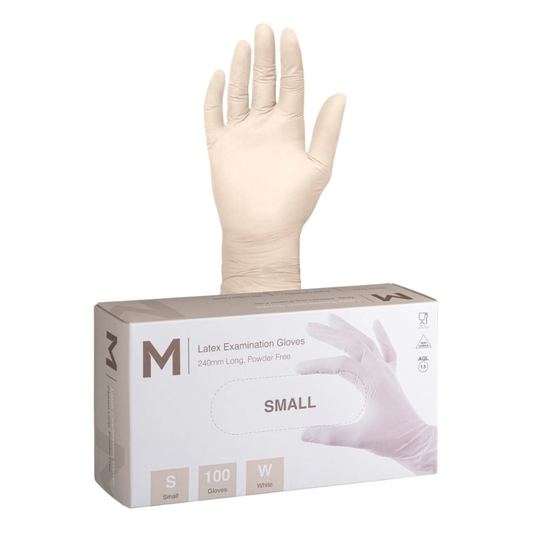 Latex Examination Gloves Powder Free - White, Small 240mm Cuff, 6.0g - 100 Gloves/Box