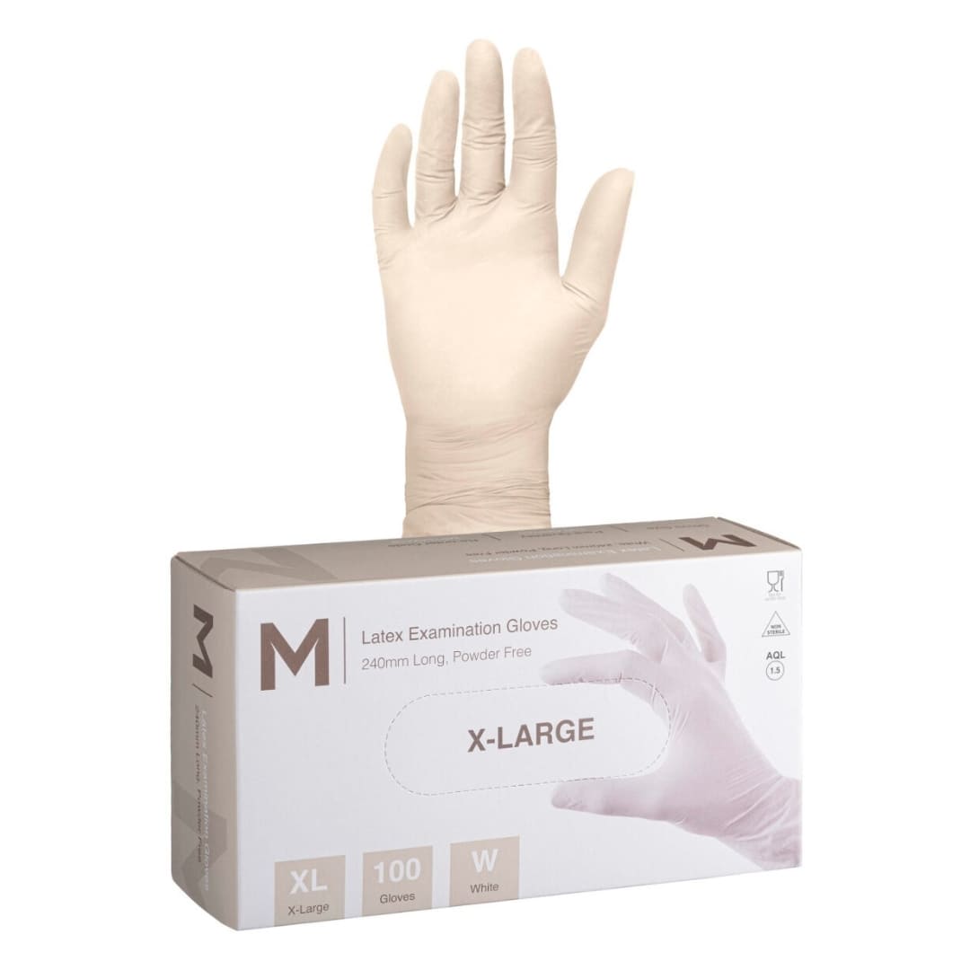 Latex Examination Gloves Powder Free - White, X Large 240mm Cuff, 6.0g - 100 Gloves/Box