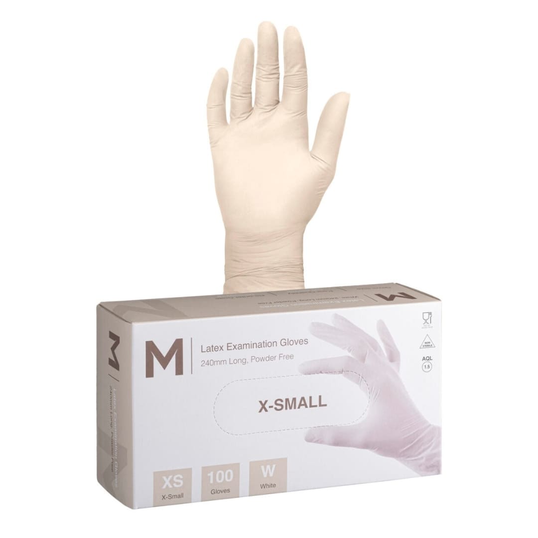 Latex Examination Gloves Powder Free - White, X Small 240mm Cuff, 6.0g - 100 Gloves/Box