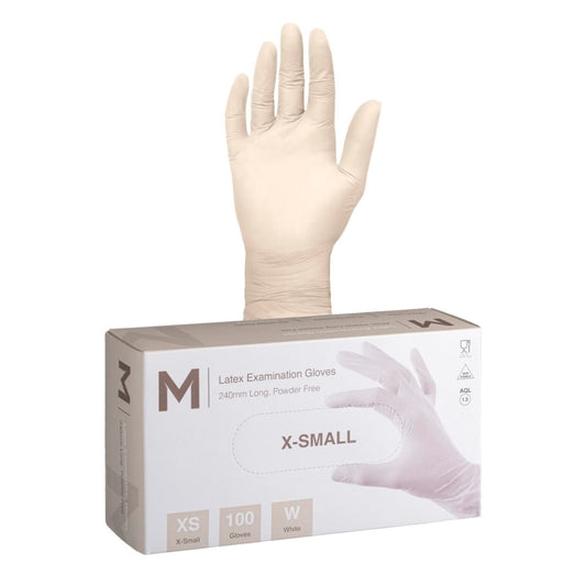 Latex Examination Gloves Powder Free - White, X Small 240mm Cuff, 6.0g - 100 Gloves/Box