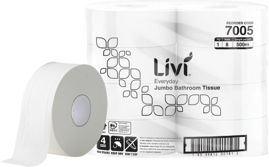 Livi Basic 7005 Jumbo Toilet Tissue 1 ply 500 metres per roll White - Carton of 8 Rolls