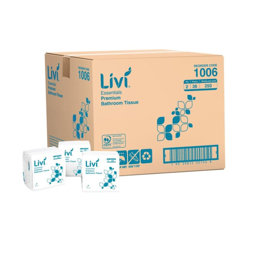 Livi Essentials 1006 Premium Interleaved Toilet Tissue 2 Ply White 250 Sheets per pack - Carton of 36 Packs