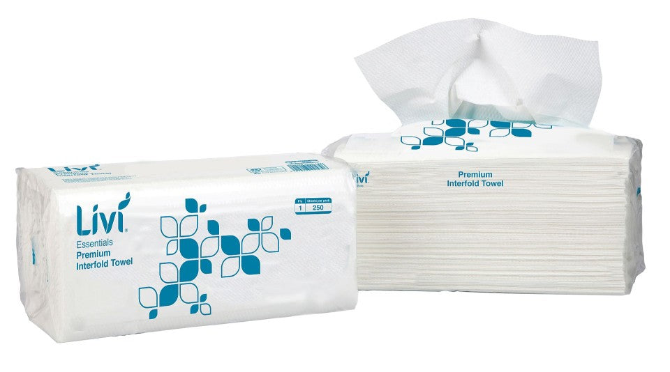 Livi Essentials 1421 Premium Interfold Hand Towel 1 Ply 250 Sheets per pack White - Carton of 16 Packa