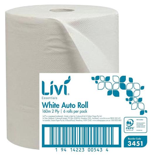 Livi Essentials 3451 Premium Easy Roll Hand Towel 2 Ply 160 metres per roll White - Case of 6 Rolls