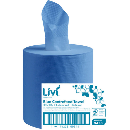 Livi Essentials 3453 Centre Feed Towel 2 ply 180 meters per roll Blue - Case of 6 Rolls