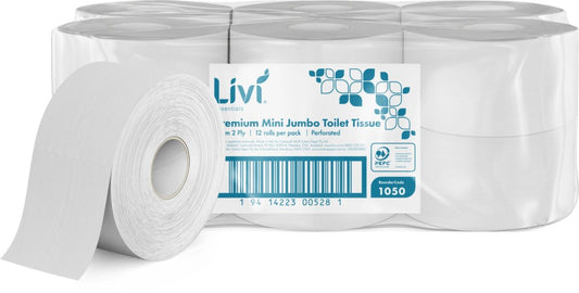 Livi Essentials Premium Mini Jumbo Toilet Tissue 2 Ply White 1050 - Carton of 12 Rolls