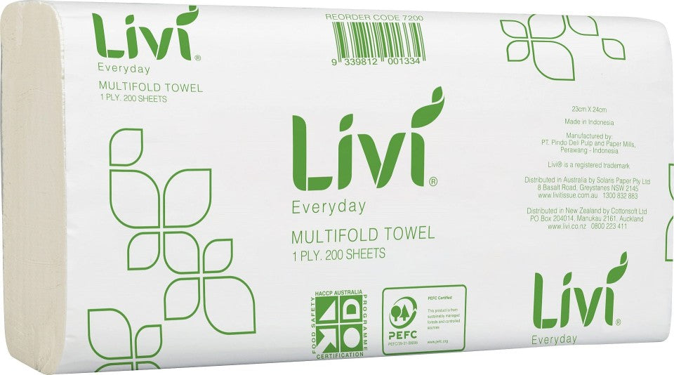 Livi Everday 7200 Slimfold Hand Towel 1 Ply 200 sheets per pack White - Case of 20 Packs