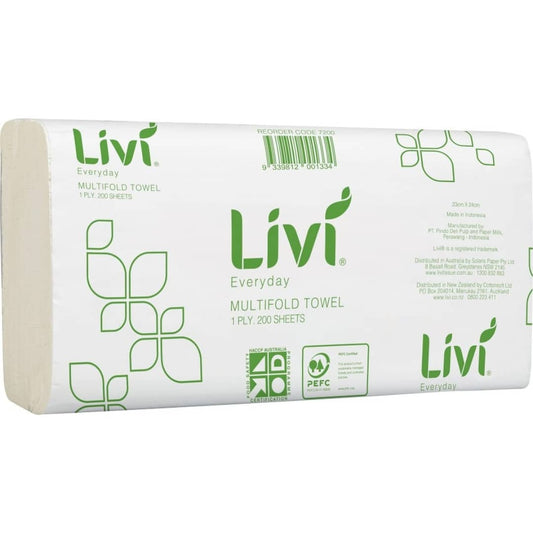Livi Everday 7200 Slimfold Hand Towel 1 Ply 200 sheets per pack White - Case of 20 Packs