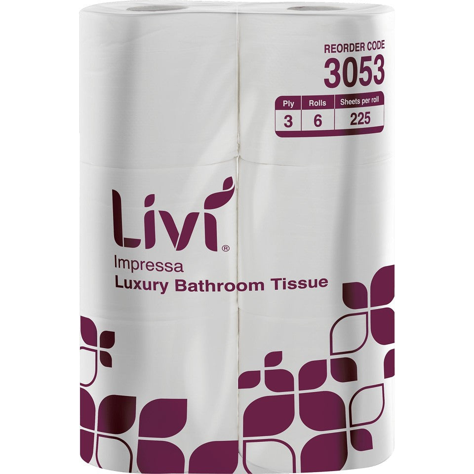 Livi Impressa 3053 Luxury Embossed Toilet Tissue 3 Ply 225 Sheets per roll/Pack of 6 White - Case of 8 Packs
