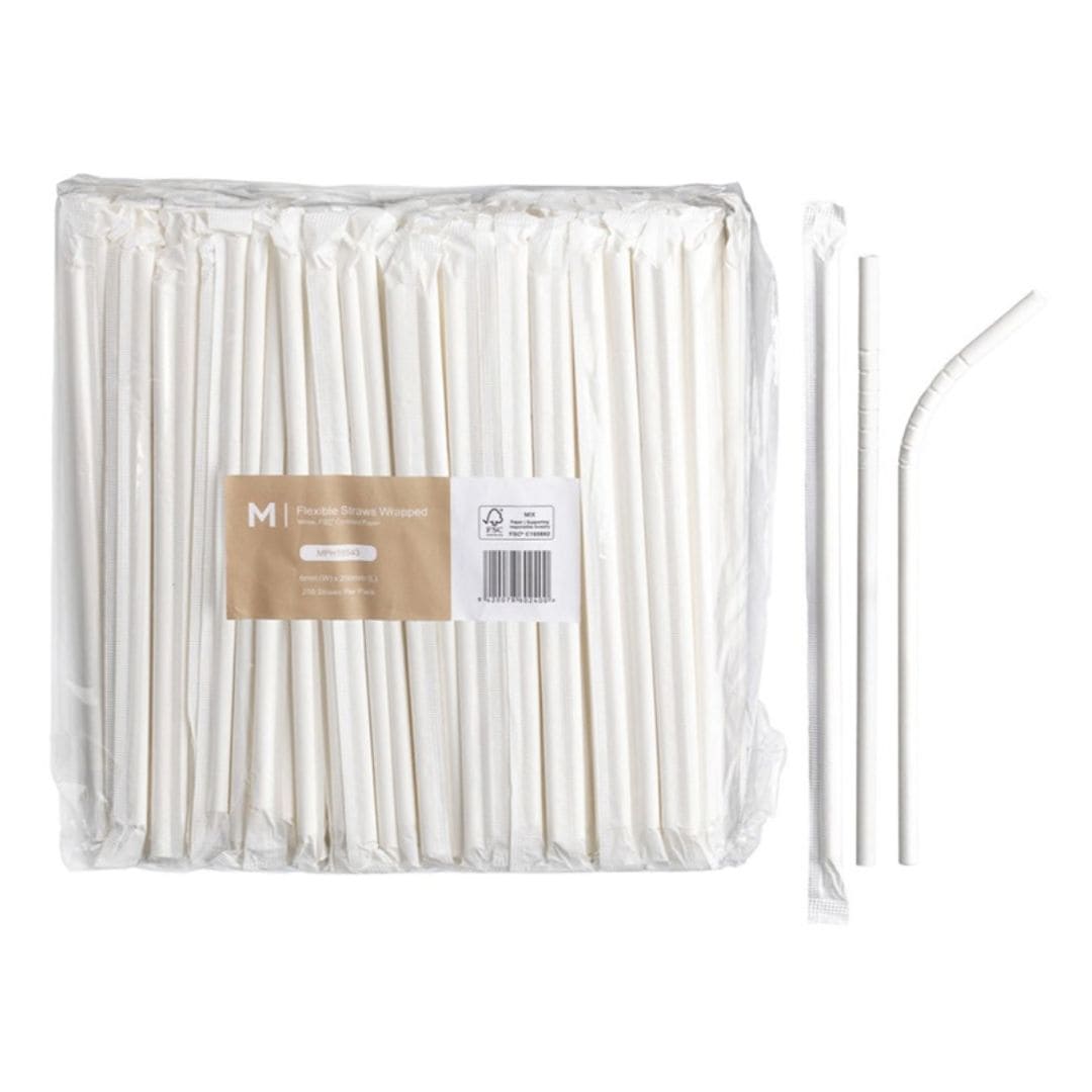 White wrapped paper flexible straws 6mm x 200mm 300gsm FSC Mix 2500 per box