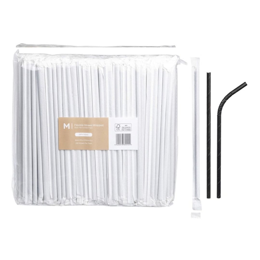 Black wrapped paper flexible straws 6mm x 200mm 300gsm FSC Mix 2500 per box