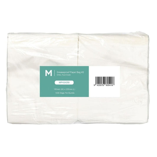 White greaseproof paper bags 185x220mm 40gsm 3000 bags per box