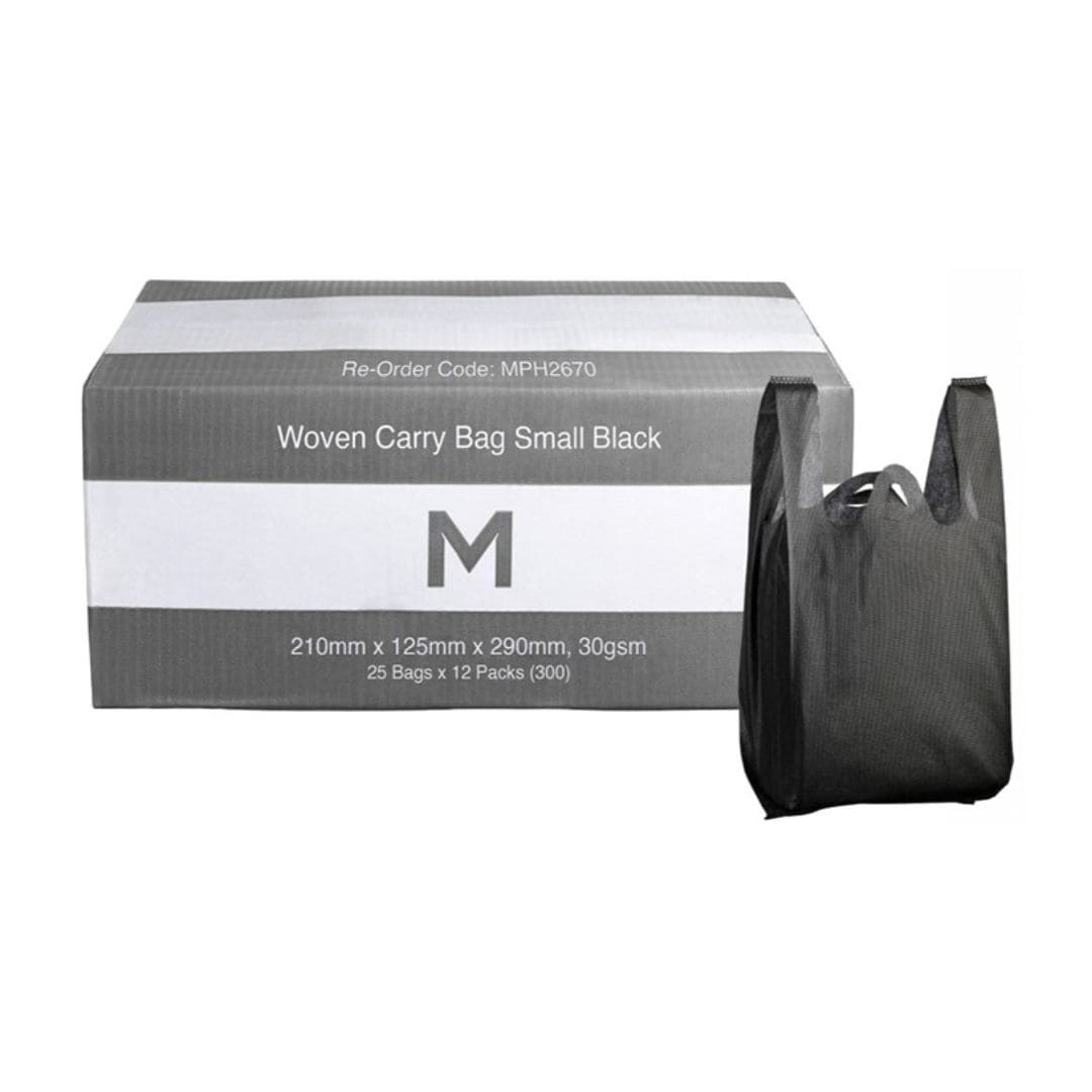 Small black woven carry bags 210x125x290mm 30gsm reinforced handles 300 per box