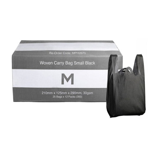 Small black woven carry bags 210x125x290mm 30gsm reinforced handles 300 per box