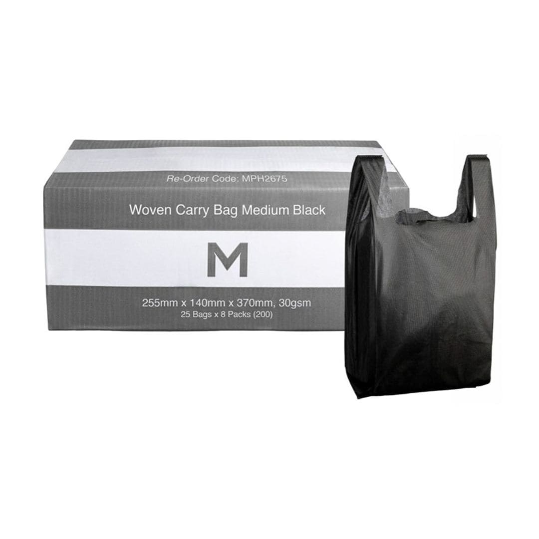 Medium black woven carry bags 255x140x370mm 30gsm reinforced handles 200 per box