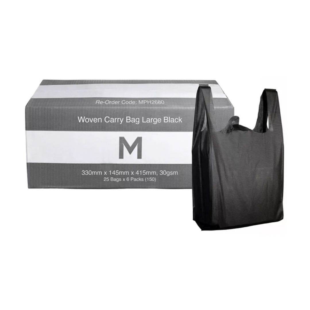 Large black woven carry bags 330x145x415mm 30gsm reinforced handles 150 per box