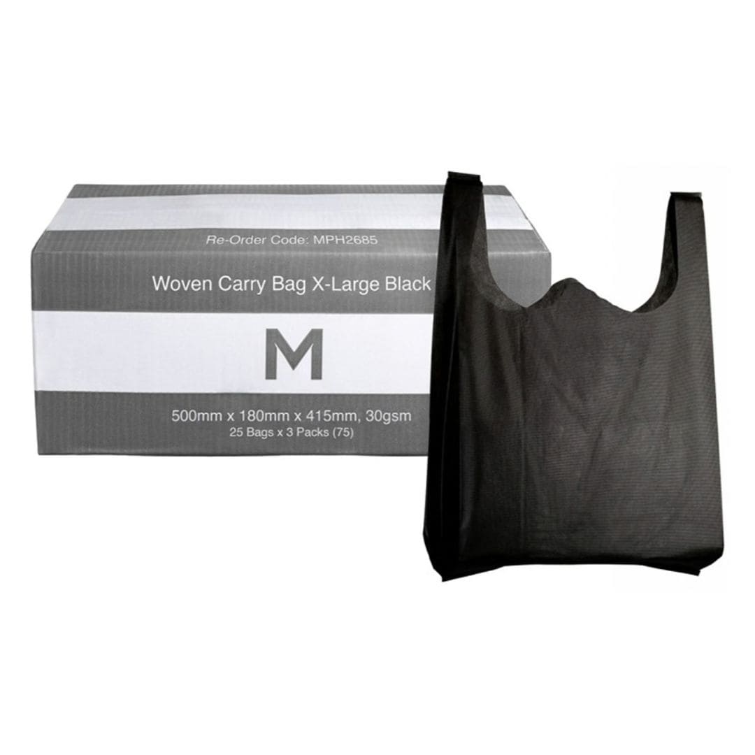 X-large black woven carry bags 500x180x415mm 30gsm reinforced handles 75 per box
